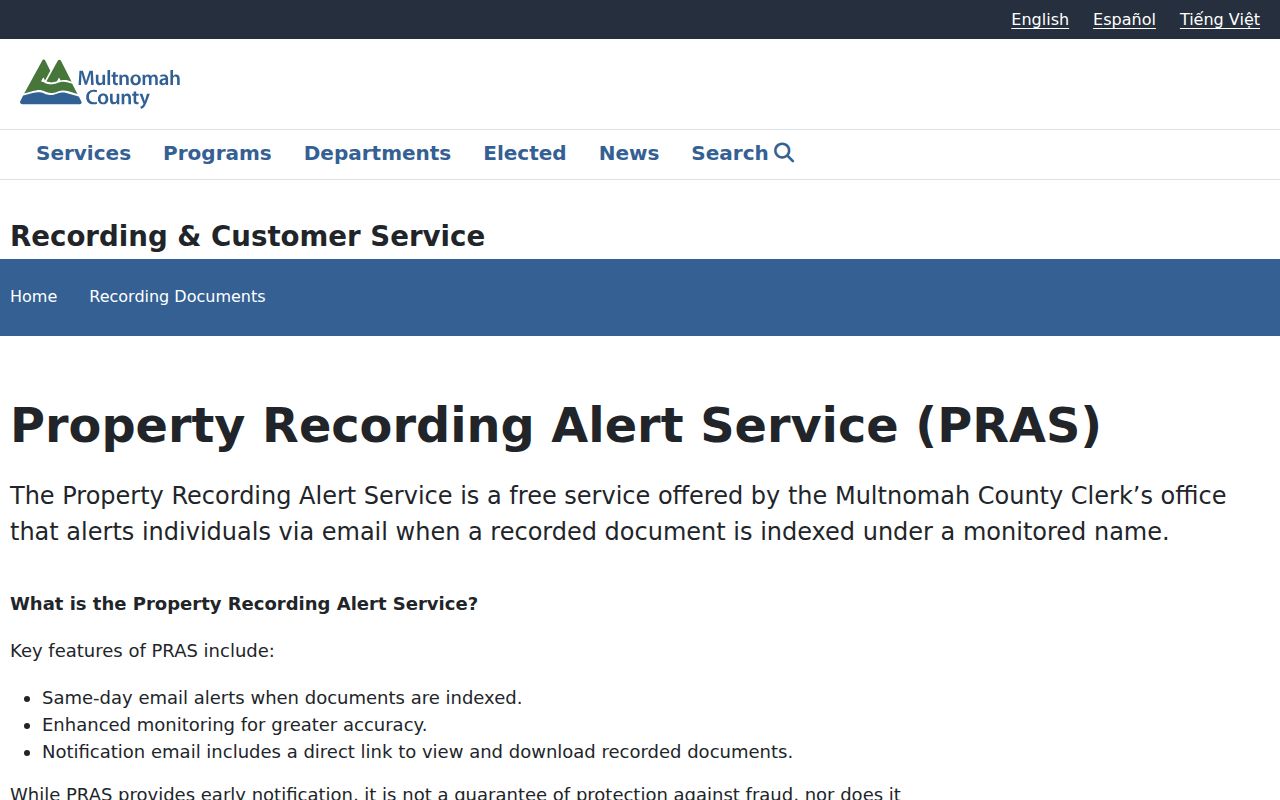 Multnomah County neighbors property recording alert service information
