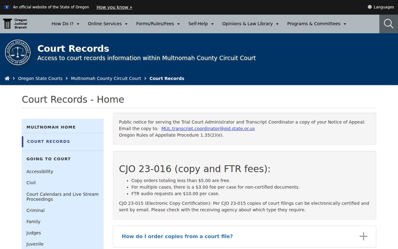 Multnomah County resident lookup records desk for court copy requests