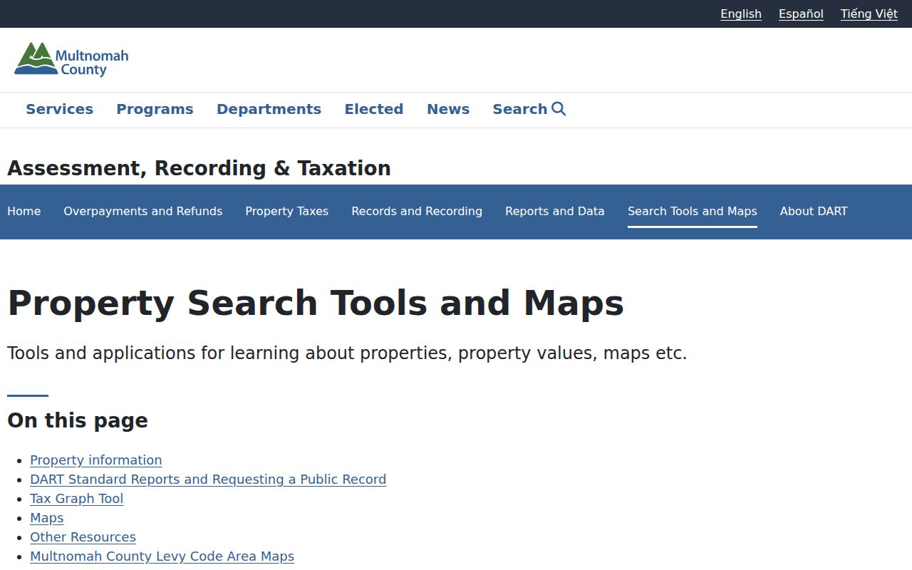 Multnomah County street directory property search tools and maps page
